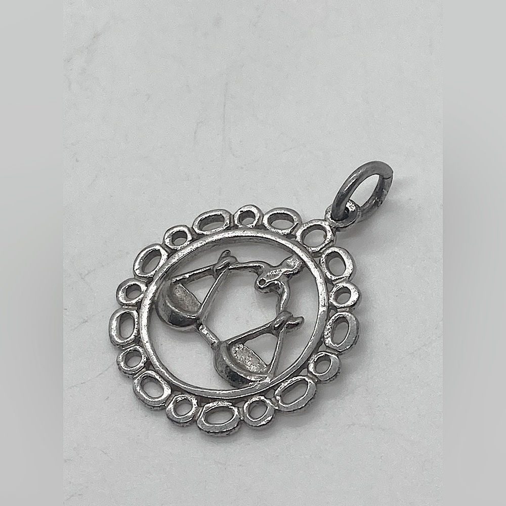 Vtg Sterling Silver 925 Zodiac Libra Scales Large Round Pendant Charm | 1”